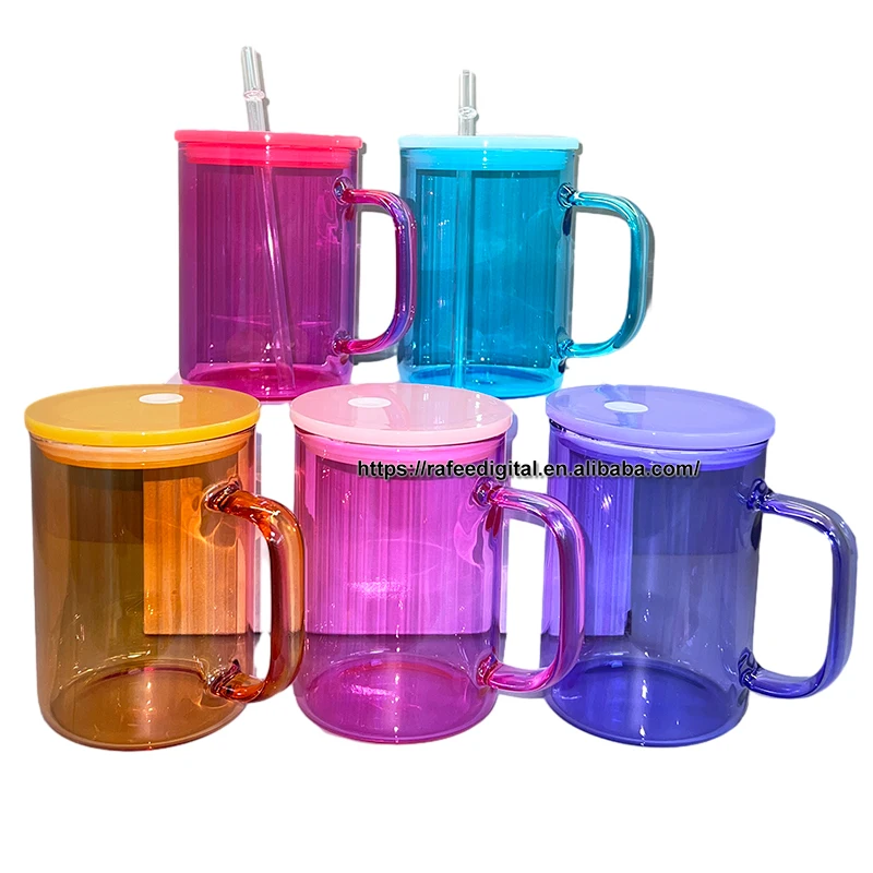 Wholesale Bulk 15oz 15 oz Colored Beer Cup 15 Ounce Blank Sublimation Glass Coffee Mug with Color Handle and Color Plastic Lids
