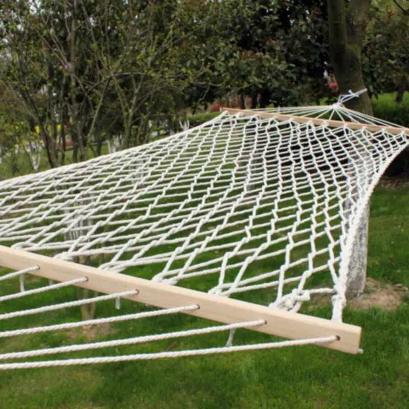 Outdoor Mesh Hammock Single Person Cotton Thread Solid Wood Indoor Swing Wooden Stick Rope Double Net Pocket