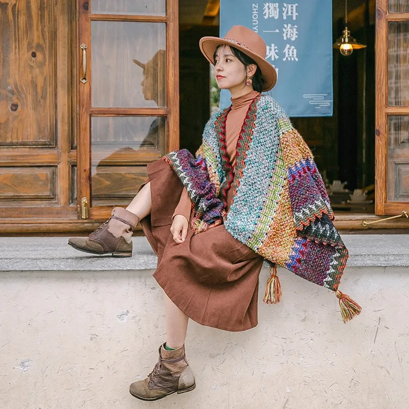 Women Traditional Retro Winter Vintage Poncho Capes Blanket Cardigan Coat Scarf Wrap Tassel Warm Shawl