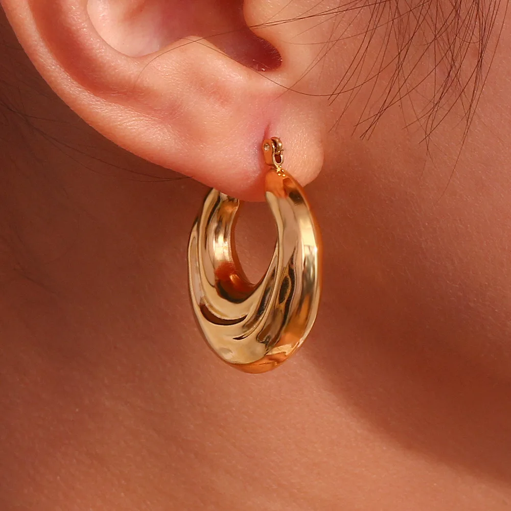 Simple 18K Gold Plated Stainless Steel Ear Buckle Jewelry Accessories Ocean Wave Vortex Pattern Hollow Hoop Earrings