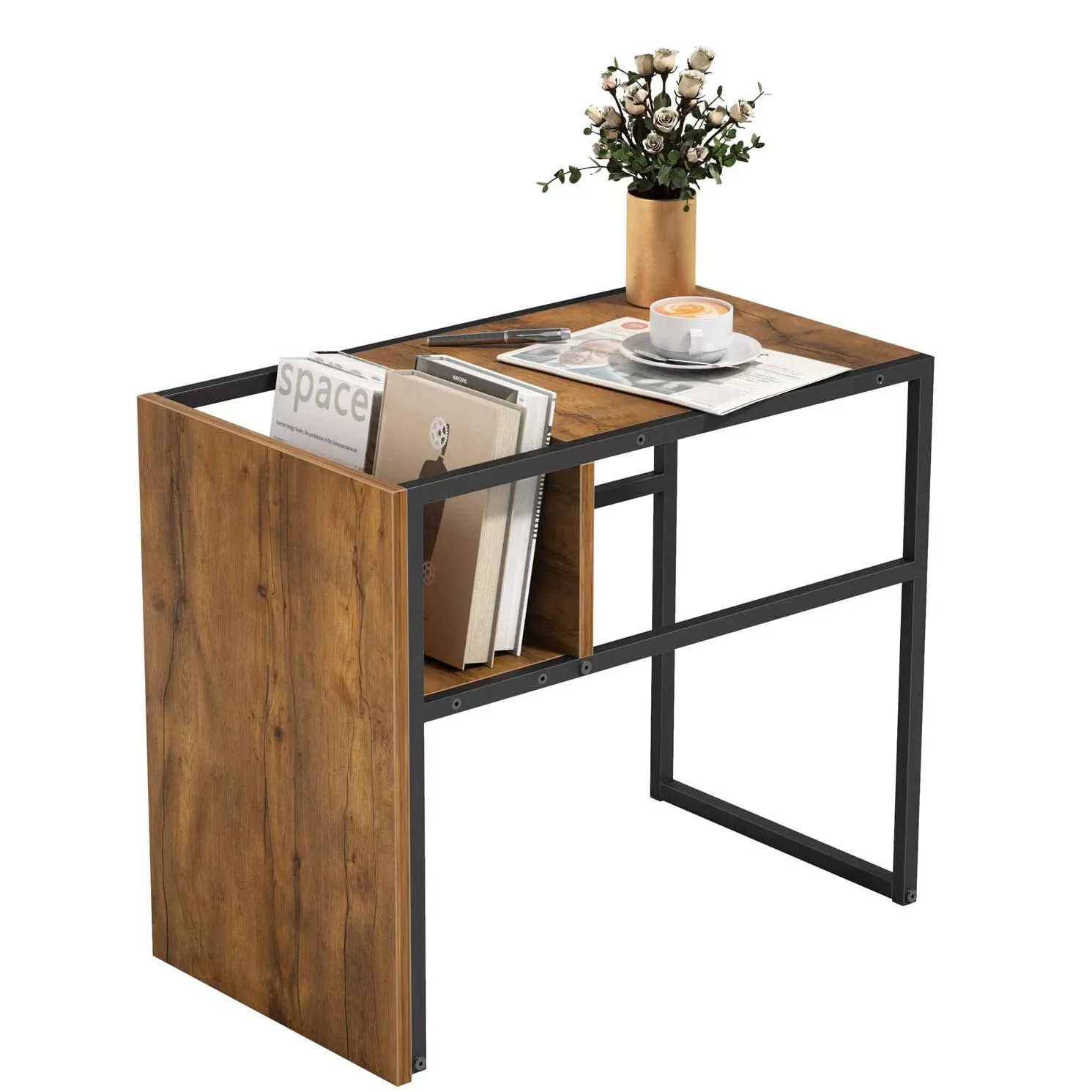 C Shaped Reversible Side Table with Wooden Shelf and  Metal Frame  Suitable for Living Room Sofa and Bed,