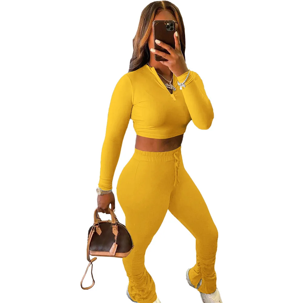 
2021 Custom logo sexy 2 two piece pants set outfit women clothing stacked sweatpants joggers leggings for women 