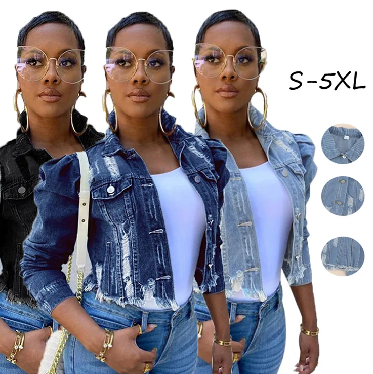 Wholesale Fashion Puff Sleeve Ladies Denim Jacket Women Coat Casual Ripped Holes Womens Jean plus size