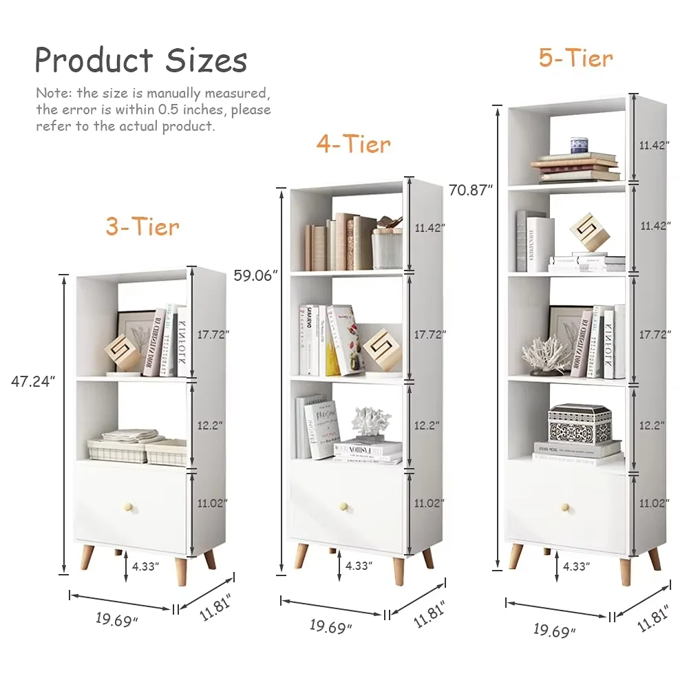 4-Tier Open Shelves Bookcase - 59 Inches Height Modern Floor Standing Cubes Wooden Mid Bookshelf with Storage Drawer and Legs