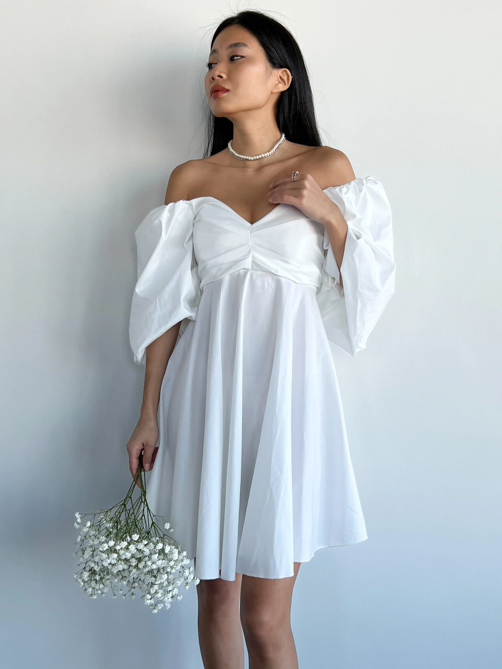 OOTN 2022 Lady Women Elegant Pleated Casual Party Prom Dresses Puff Sleeve Square Neck A-Line Mini Dress Summer Sexy White Dress