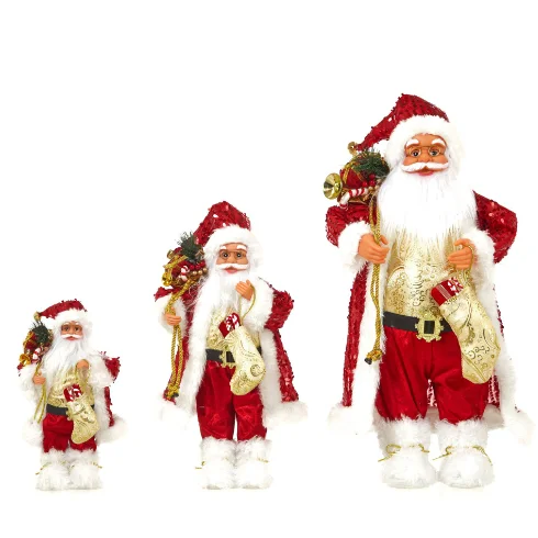 New red clothes, sequins, Santa Claus standing posture, white beard, glasses figurine, Christmas gift