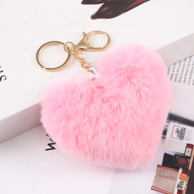 Soft Cute Furball Pompom Heart Shaped Plush Fluffy Balls Rabbit Fur Pom Pom Keychain