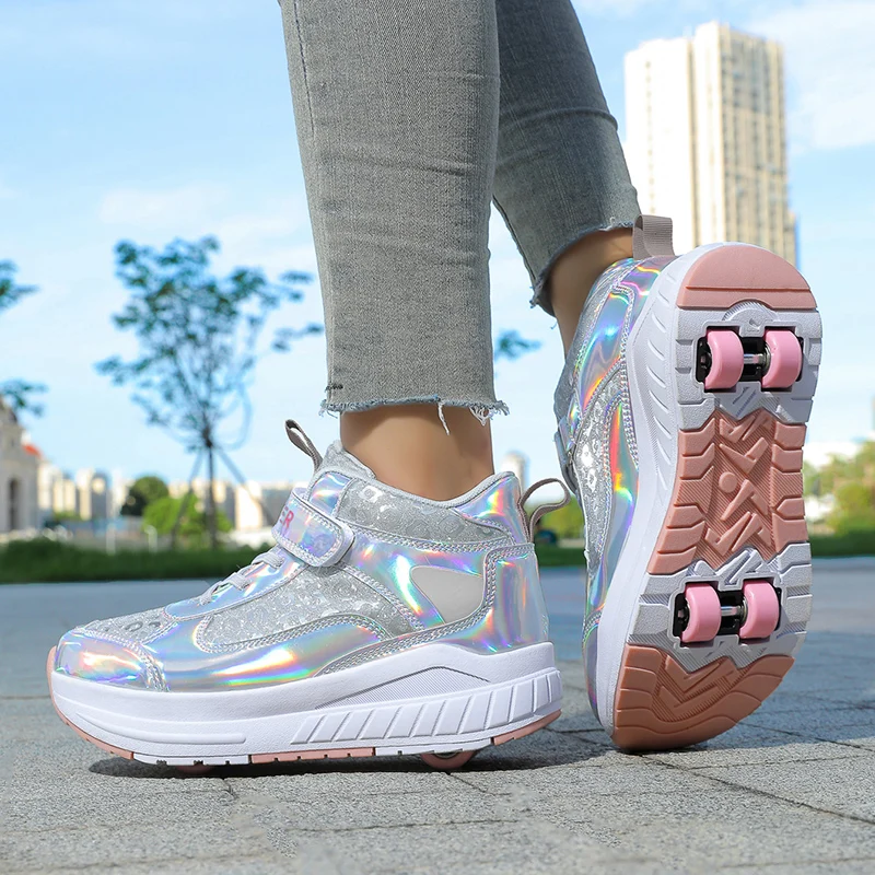 Pu Leather Kids 4 Wheels Roller Skate Shoes Casual Deformation Parkour Sneakers Skates For Rounds Adult Of Running Sport Shoes