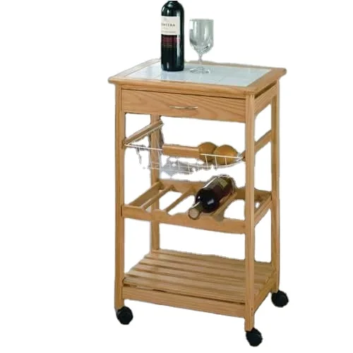 Combohome 3 Tier Trolley Slim Wooden Natural Pinewood Multi-Purpose Mobile Kitchen Cart Light Tan