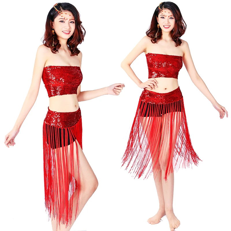 Wholesale Supply Sexy Dance Costumes Sequin Top Tassel Skirt Suit Set Festival Party Club Fancy Dress Belly Dance Costume