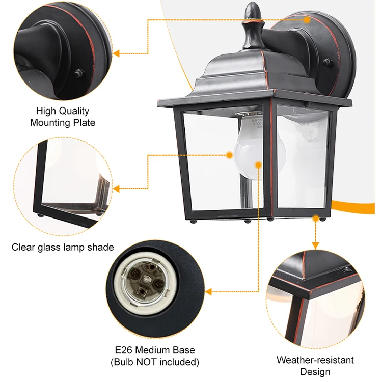 Waterproof Black Outdoor Garden Exterior Decorative Lights Metal Aluminum Simple Vintage Glass Wall Lamp