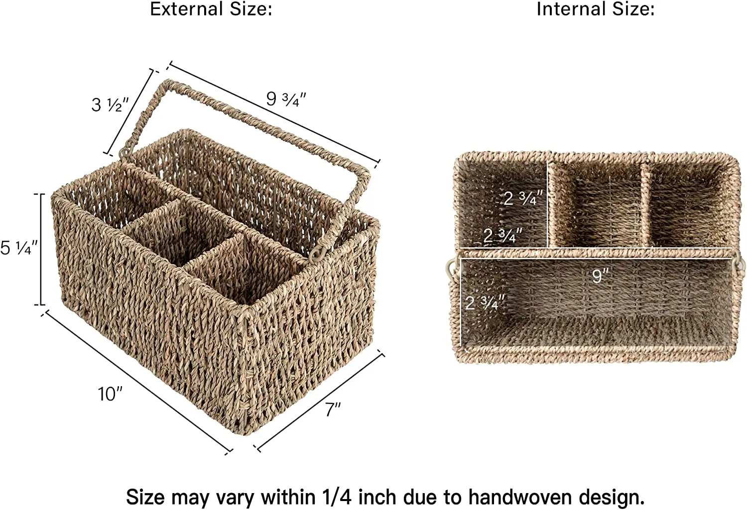 SF Multipurpose 4-section baskets Natural Hyacinth Cutlery Basket for Countertop with Handle Wicker Flatware Holder
