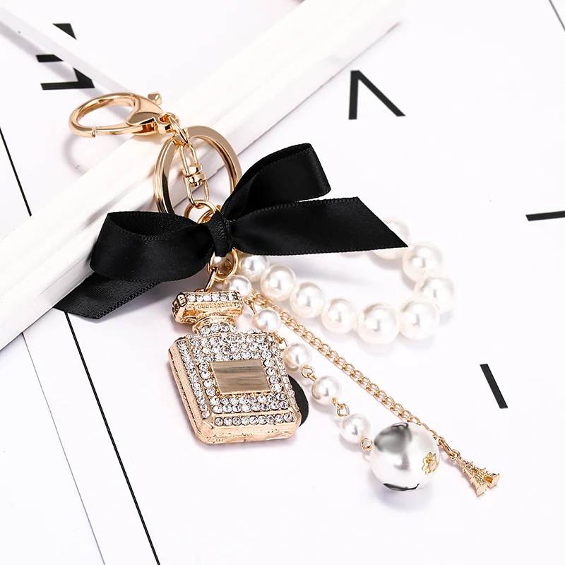 Ins Korean Black Pink Bow Pearl Key Holder Chain Handmade Bowknot Rhinestone Perfume Bottle Keychain For Gift