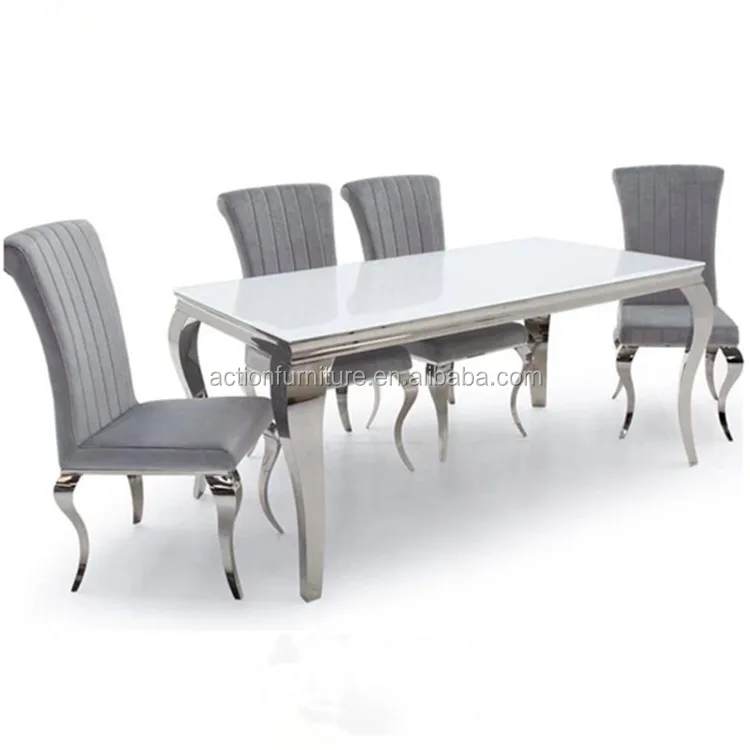 Nordic Stainless Steel Base Dining Table And Banquet Tables With 6 Chairs For Wedding And Event