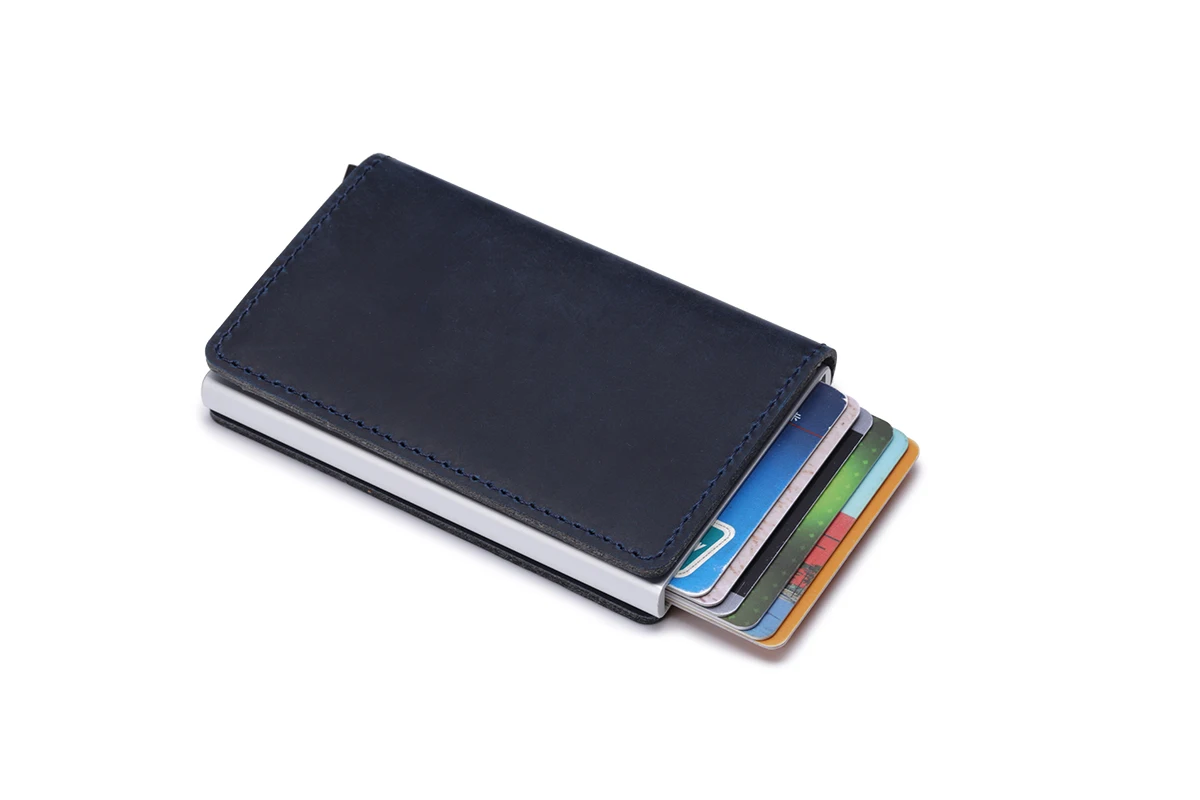 Amazon Hot Sale High Quality Crazy Horse Leather Minimalist Aluminum Case Credit Card Holder Wallet In Large Stock