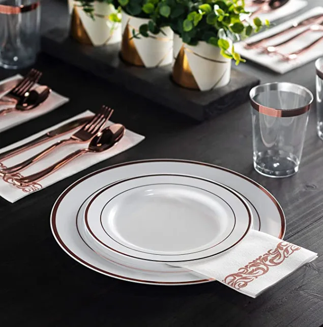 6 7.5 9 10.25inch Plastic PS Rose Gold Pink Tableware Disposable Plates Set for Wedding Birthday Party Decorations Supplies