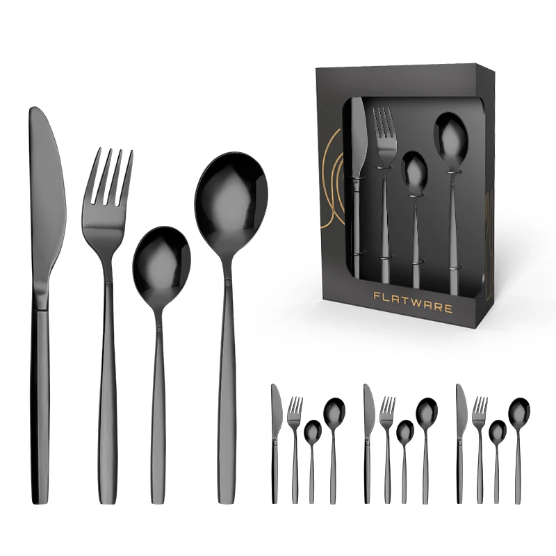 Luxury Mirror Black Restaurant Wedding Portable  16pcs Knife Spoon Fork Flatware Stainless Steel Cutlery Set With window Box