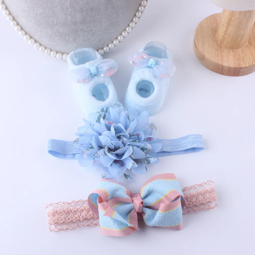 2 Hair Band One Sock Boat Shoes 9cm New Born Baby Gift Photo Props Lace Hair Hand Wholesale