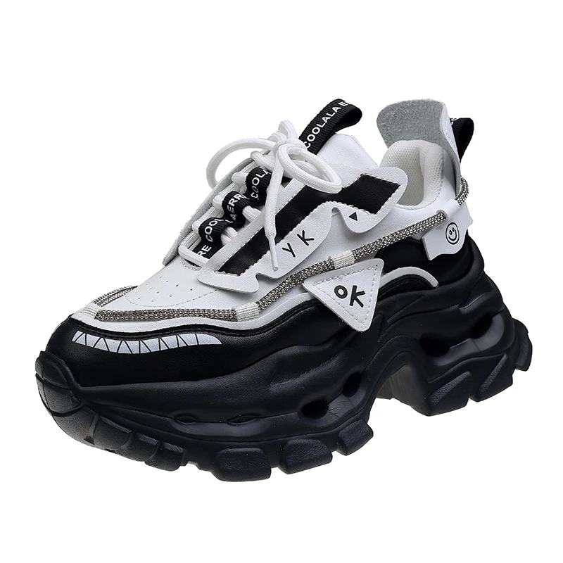Women Fashion Leather Sport Shoes Height Increase Girl Casual Sneakers Ladies White Black Walking Style Chunky Shoes