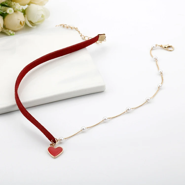 Simple Temperament Short small love Heart pendant Necklace red enamel heart charm choker with half velvet pearl chain for women