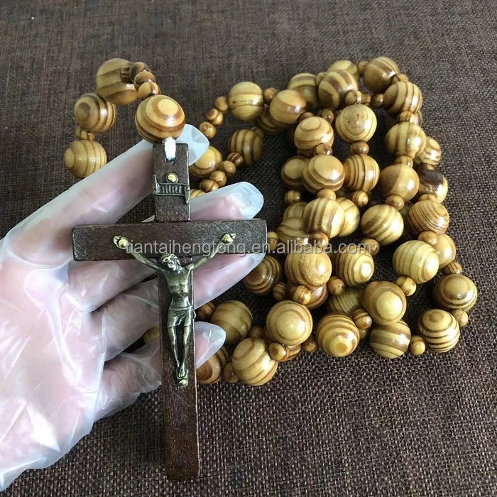Giant Big Beads Rosario Natural Wood bead Chain Jesus Cross faux olive wood bead oversized Wall rosary