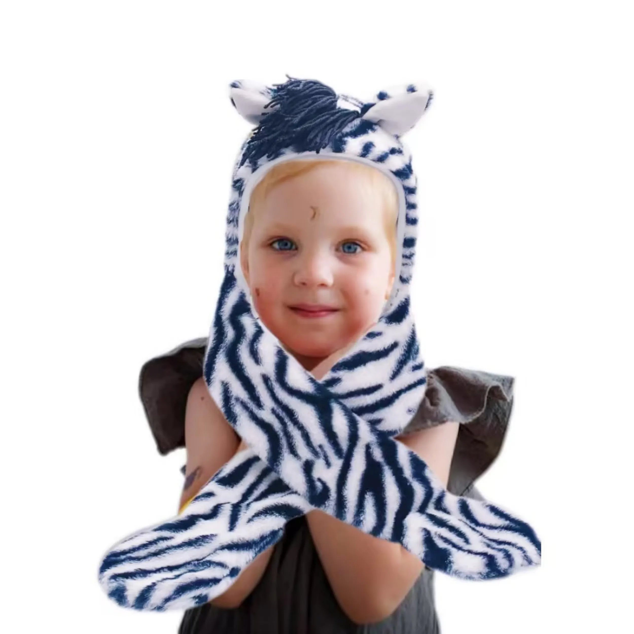 Furry Bunny Black And White Animal Kids Girls Adult Fur Winter Warm Long Scarf Plush Hat Mittens Gloves Zebra