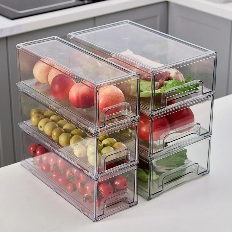 2 Pack Stackable Refrigerator Pull-out Drawer Drawable Clear Fridge Plastic Kitchen Pantry Storage Containers Organizer Bins set