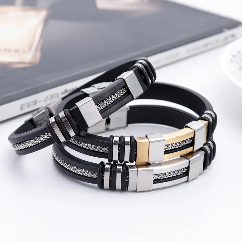 fashion punk rubber mens stainless steel bracelets wholesale