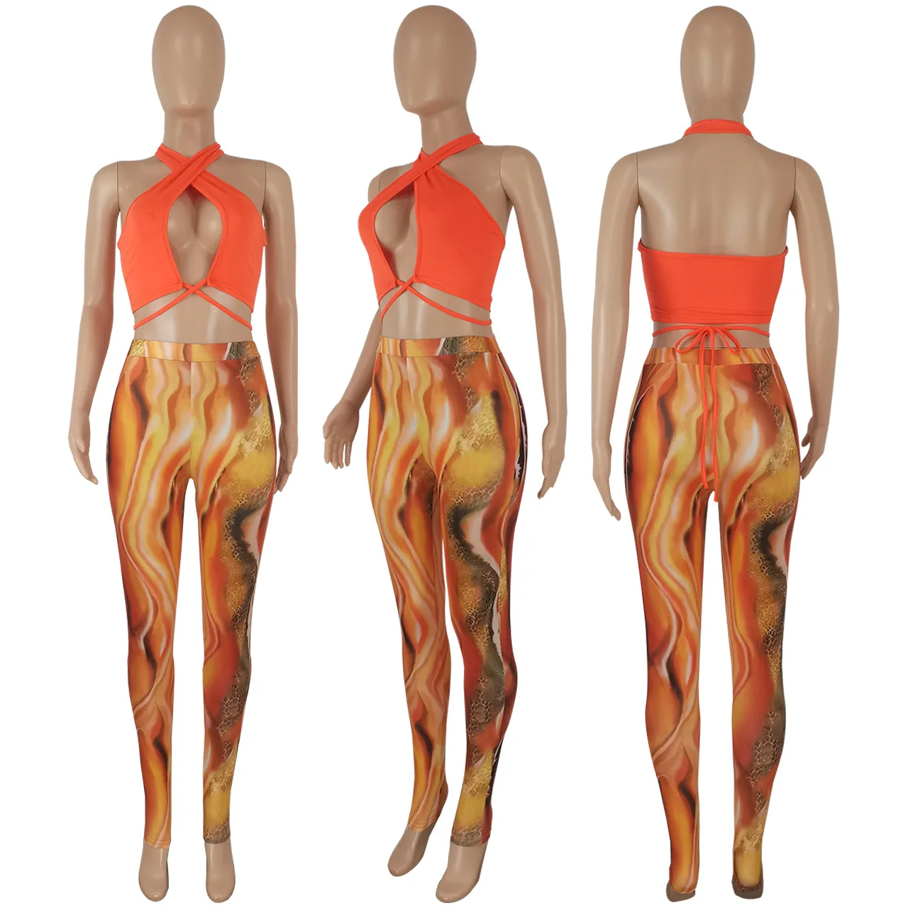 Latest Two Piece Set Cross Halter Sexy Wrap Top Lace Up Outfits Women Club Dresses 2 Piece Pants Set For Women Sexy