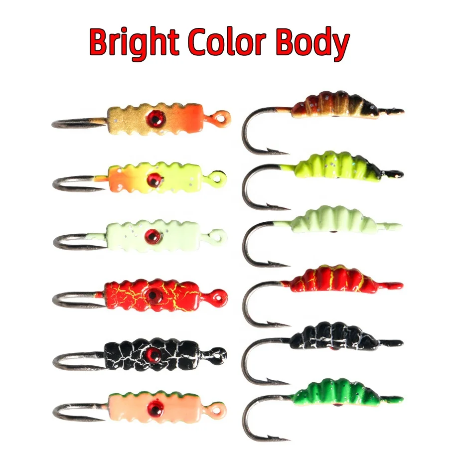 Wholesale 23mm/1.5g Ice Fishing Lure Maggot Worm Metal Bait Ice Jig 6 Color Mini Lead Winter Fishing Hook Pesca Accessories