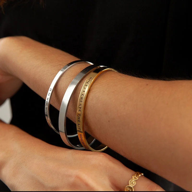  Inspirational Jewelry Stainless Steel Custom Gold Plated Engraved Letters Open Cuff Bangle