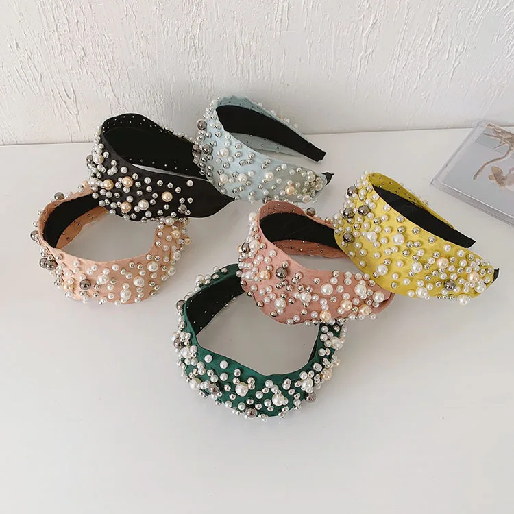 LRTOU Wholesale Korean Women Fashion Hair Accessories Custom Full Pearl Headwrap Luxury Wide Satin Hair Band Headband For Girls