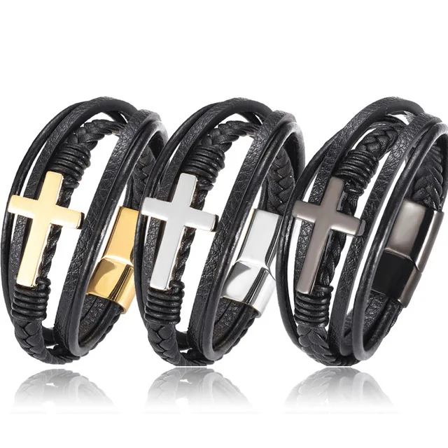 
Classic Design Cross Bracelets Men Genuine Leather Stainless Steel Magnet Clasp Charms MultiLayer Braided Hand Bracelet Homme 