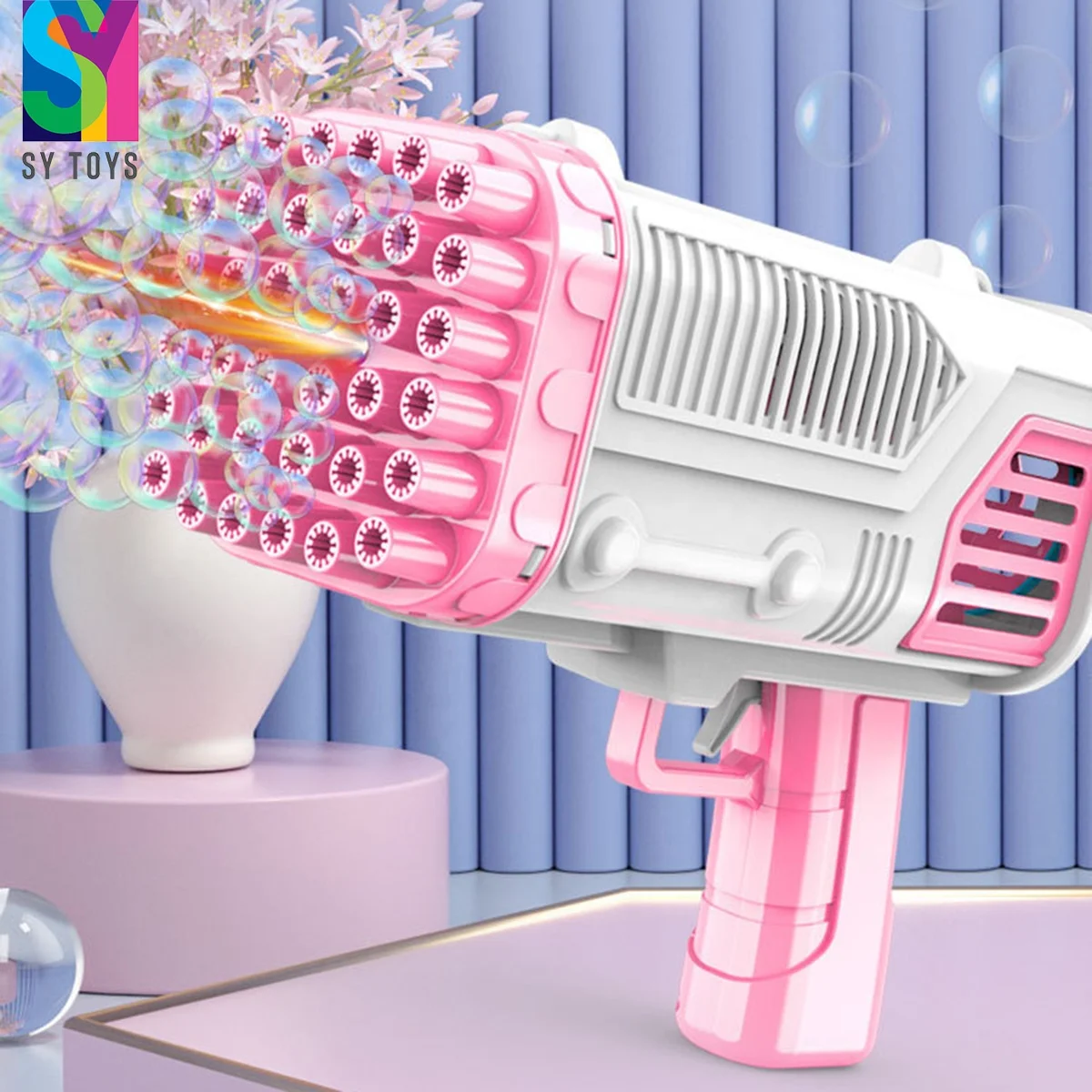 SY TOYS Bubble Machine Toy 32 Holes Funny Electric Automatic Bazooka Gatling Bubble Maker Gun For Kids Children
