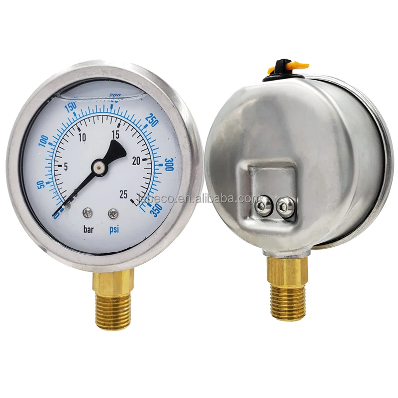 BECO Glycerin oil filled pressure gauge with crimp ring, 25bar stainless steel case brass connector oil filled pressure gauge