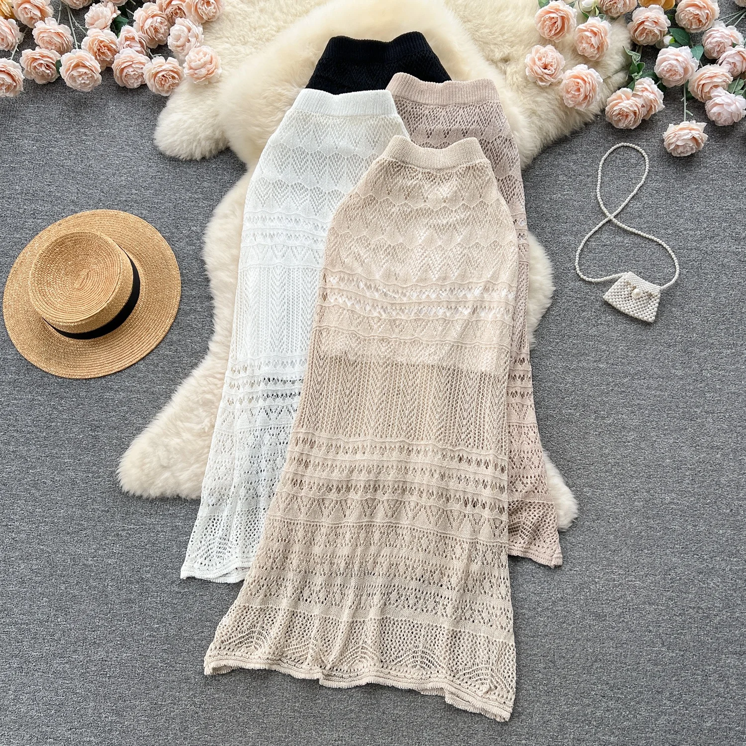 New Fashion Summer Slim Hollow Crochet French Long Knit Skirt