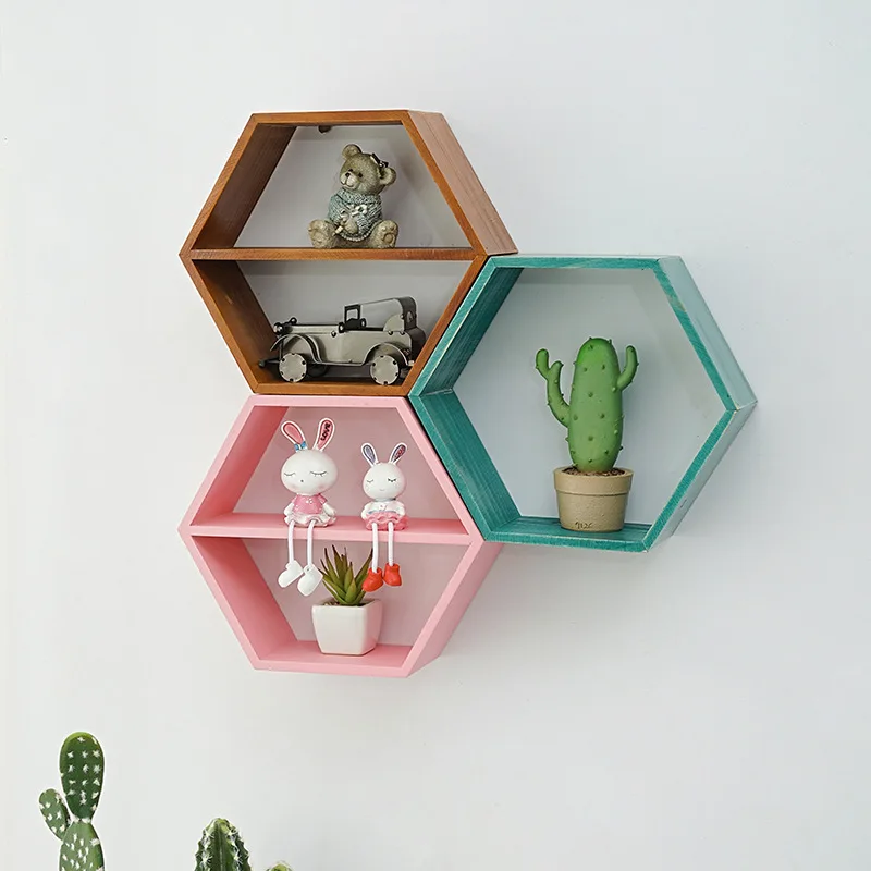 Triangular Home Decor Geometric Hanging Storage Shelf Wooden Metal Iron Art Fhexagonal Floating Shelves Wall Mounted Set of 6/