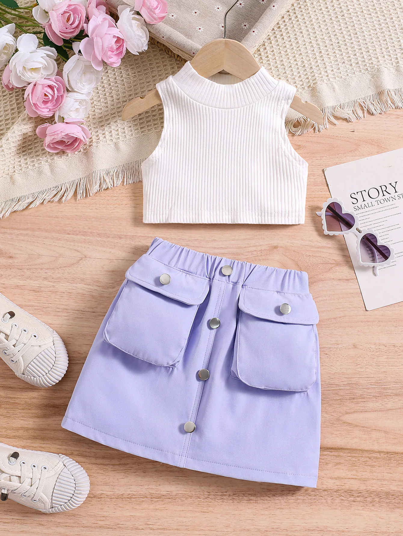 Cross-Border Spring Summer Girls Clothing Set High Collar Pullover Organ Bag Multi-Button Rubber Skirt Solid Color Two-Piece Set