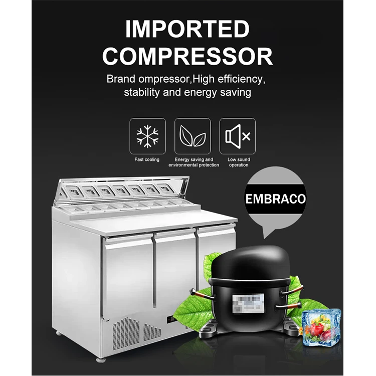 Industrial Pizza and Salad Workbench Cylinder Sandwich Prep Table Glass Cover Refrigerated Display Cabinet for Buffet