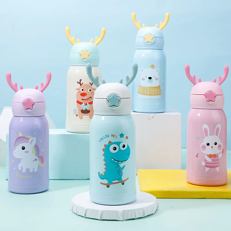 500ml 316 stainless steel vacuum insulated double wall kids water bottles with rubber straw and rope for Christmas gifts