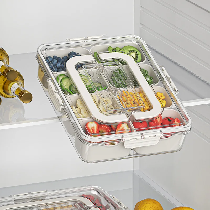Fridge Veggie Fruit Food Storage Container Divided Snack Serving Tray With Lids and Handle