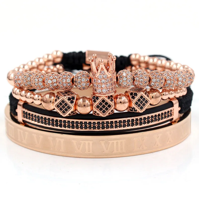 Роскошный мужской браслет с золотой короной 4 шт./компл. мужской браслет с выгравированными римскими цифрами и короной из фианита Плетеный мужской браслет
