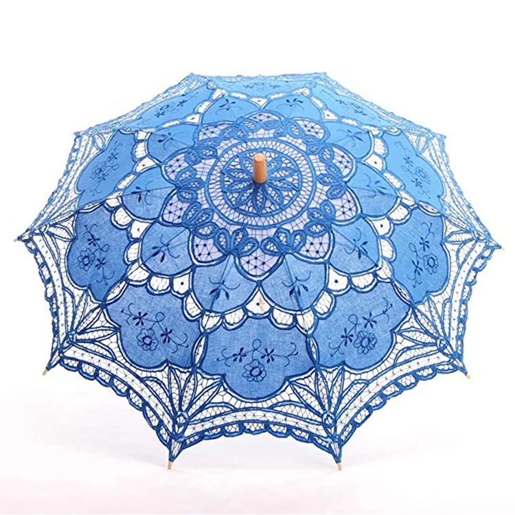 Bride Cotton Fashion Bamboo Handle Decoration Blue Lace Umbrella Parasol