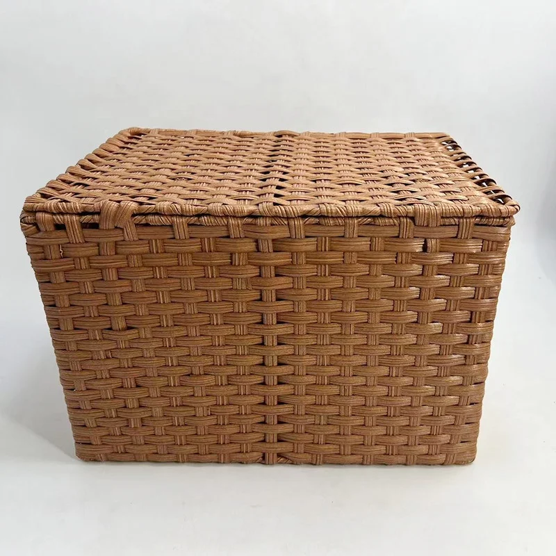 large size plastic handwoven rectangular storage basket with cover lid