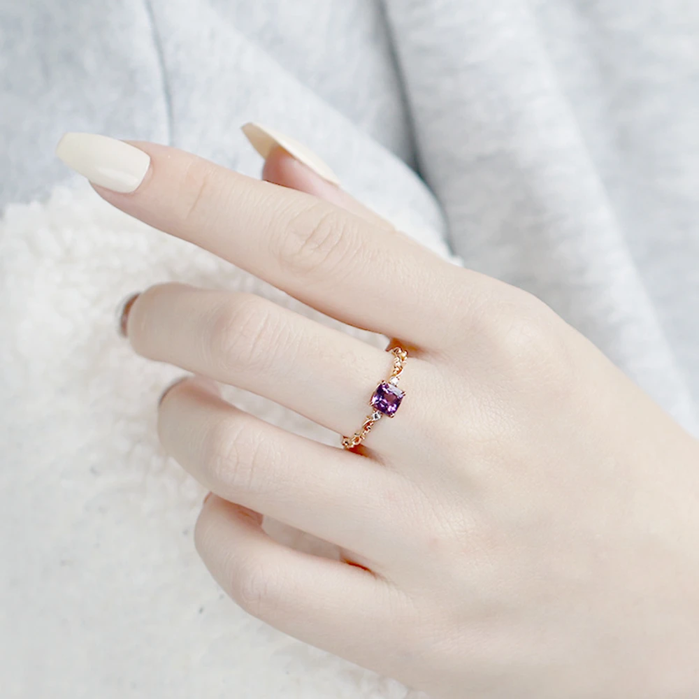 925 Sterling Silver 14K Gold Plated Jewellery Gemstone Series 5Mm Square Stone Amethyst Court Flower Wispy White Zircon Ring