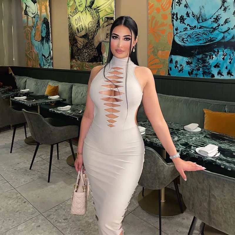 2021 O neck women fancy tight fitting black party dresses girl sexy long slim sleeveless  hollow out  dresses