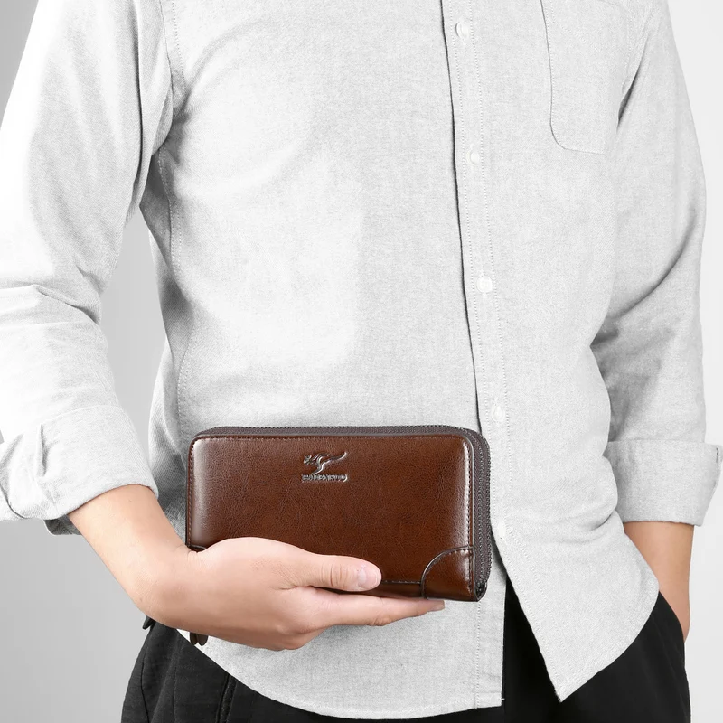 Factory custom long mens PU leather business clutch bag vintage double zipper handbag wallet for men