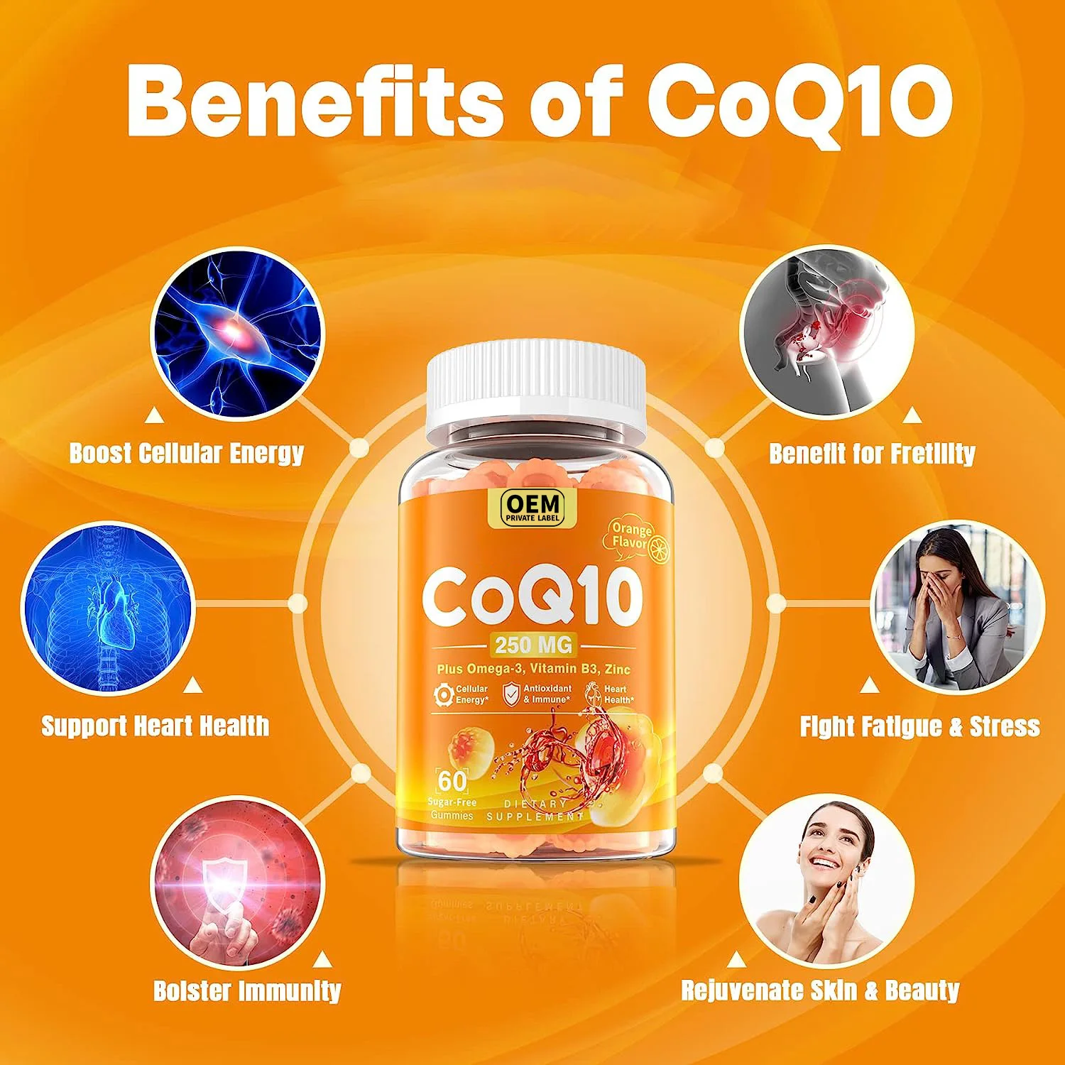 Маркировка CoQ 10 250 мг плюс омега-3 витамин B3 цинк поддержка здоровья сердца апельсин аромат