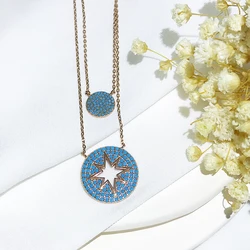 Round Turkey Wholesale Sterling Silver Polaris Blue Zircon Pendant Double Layer Chain Elegant Vintage Necklace Jewelry