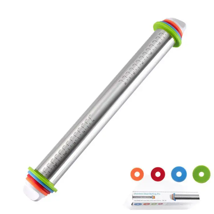 Hot Sale Baking Rolling Pin Stainless Steel Pastry Rolling Pin With 4 Removable Adjustable Thickness Rings Baking Tool